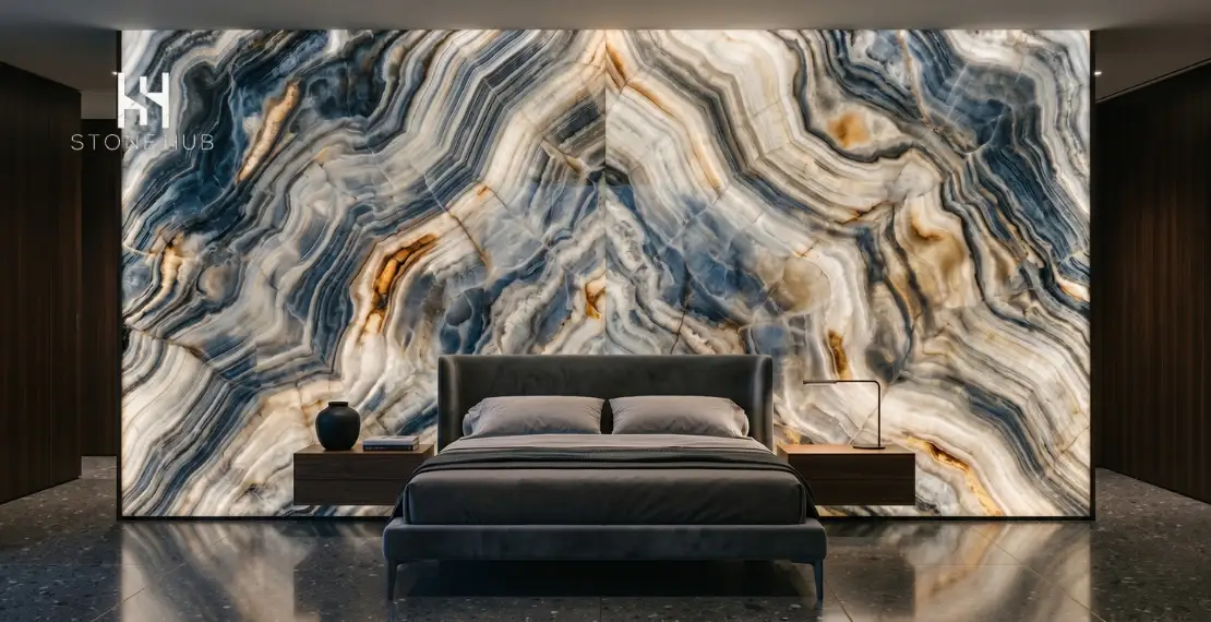 Backlit onyx marble wall behind luxury bedroom interior
