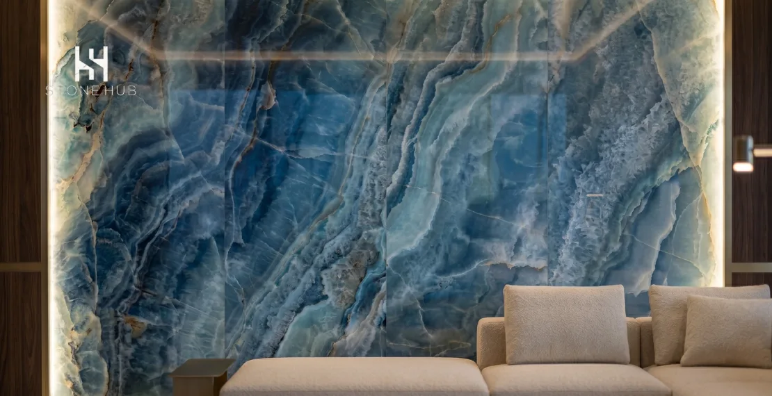 Blue onyx marble feature wall with glowing translucent stone texture