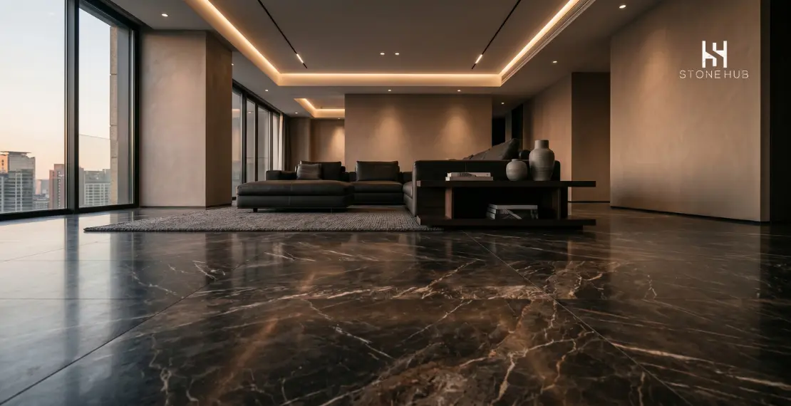 Dark marble flooring in a luxury modern interior