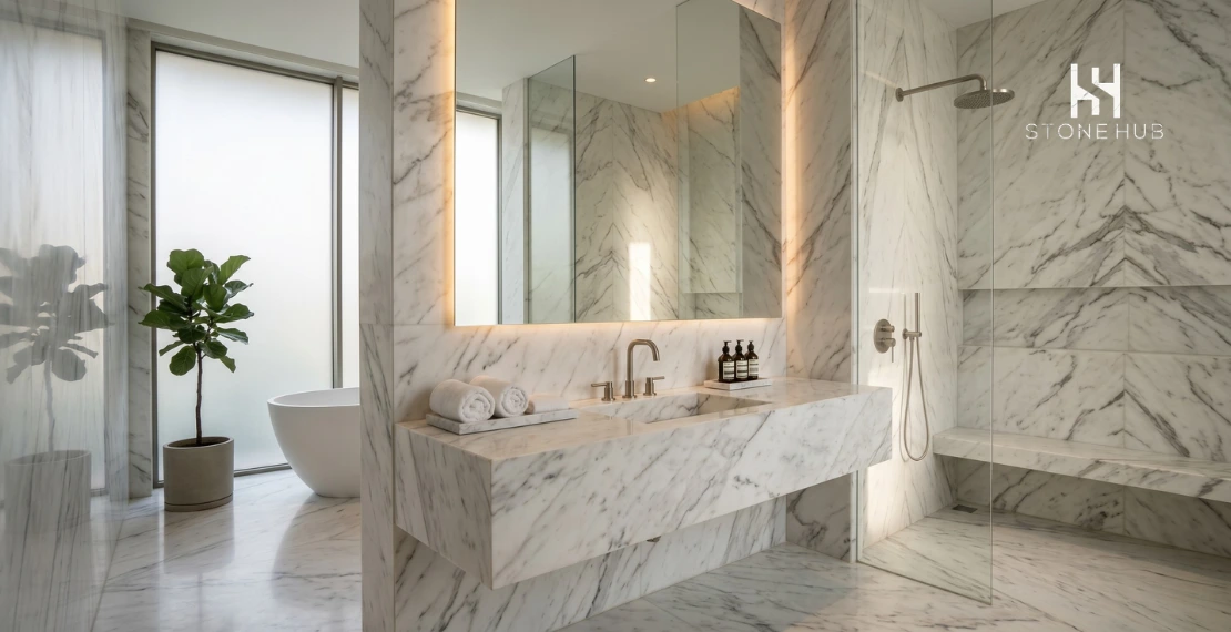 Luxury bathroom interior designed with premium Italian marble surfaces