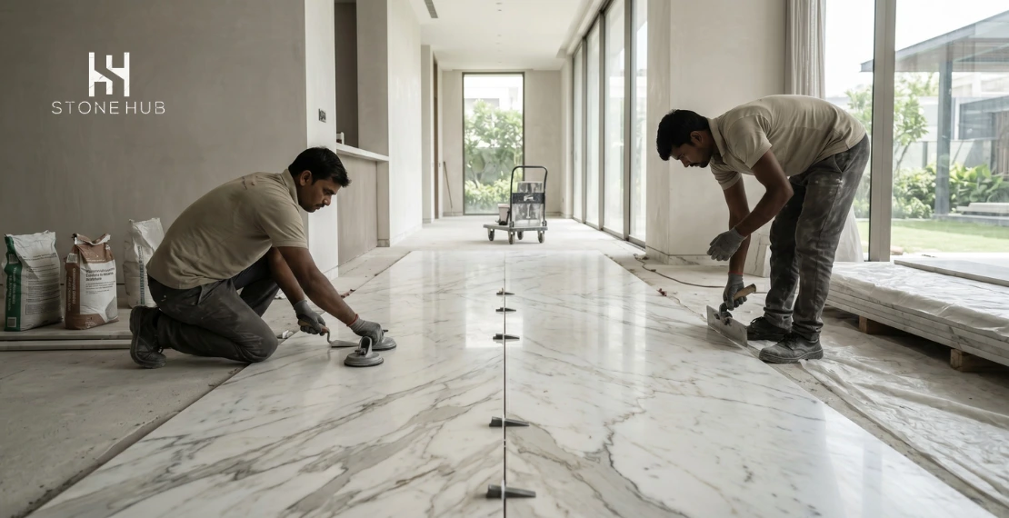 Craftsmen installing premium Italian marble flooring inside a luxury home