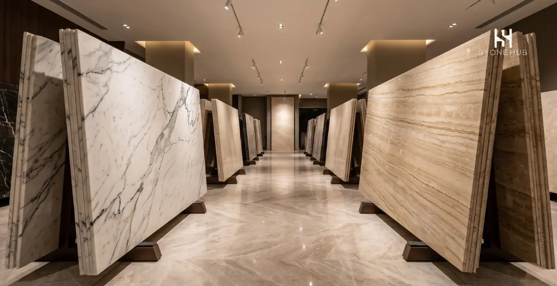 Premium Italian marble slabs displayed in a luxury marble showroom