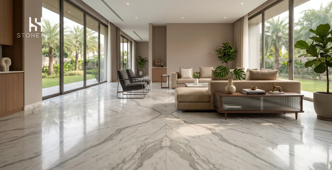 Luxury living room featuring premium Italian marble flooring design