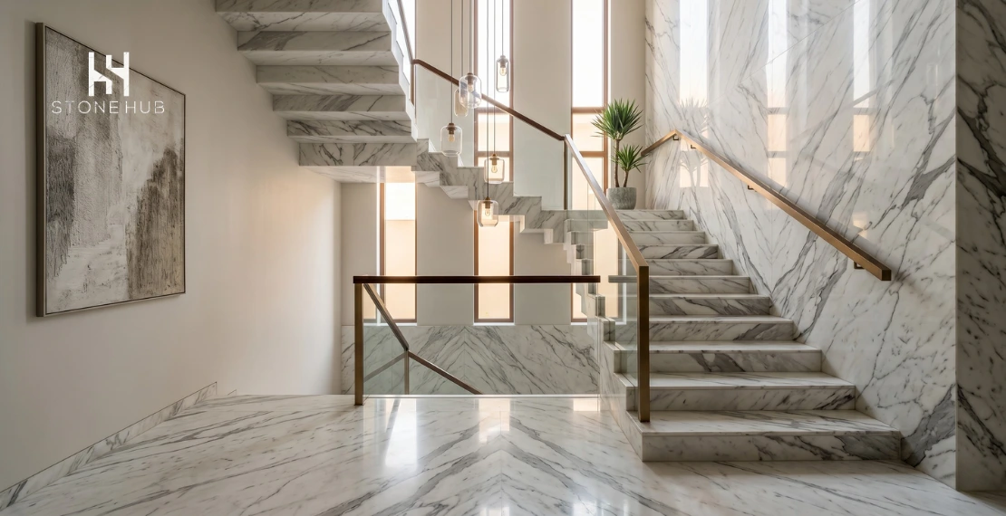 Luxury staircase design featuring Italian marble flooring and wall cladding