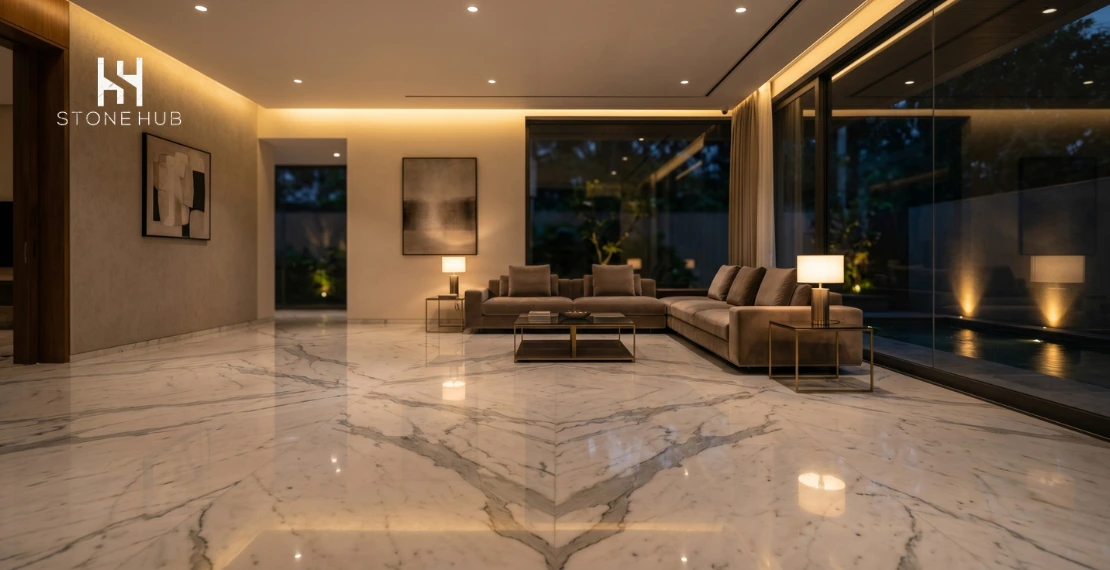 Luxury evening interior featuring elegant Italian marble flooring