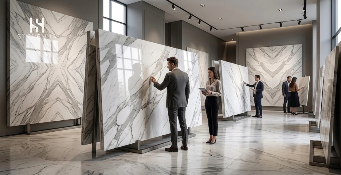 Customers selecting premium Italian marble slabs inside a luxury showroom