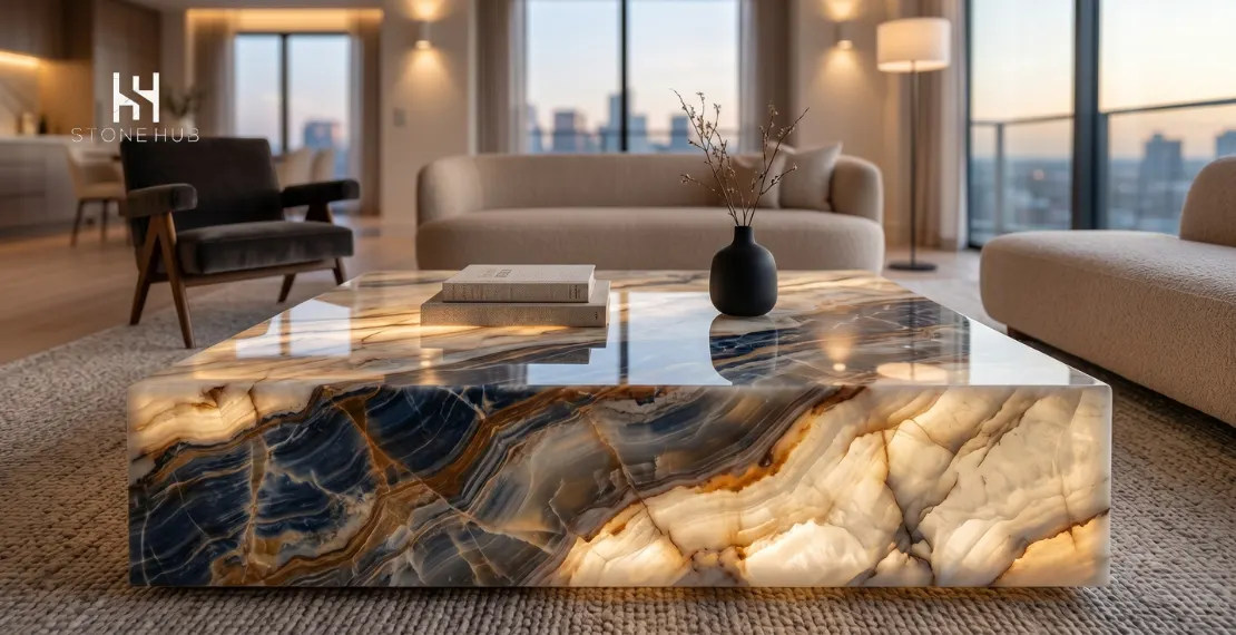 Luxury onyx marble coffee table with natural polished stone texture