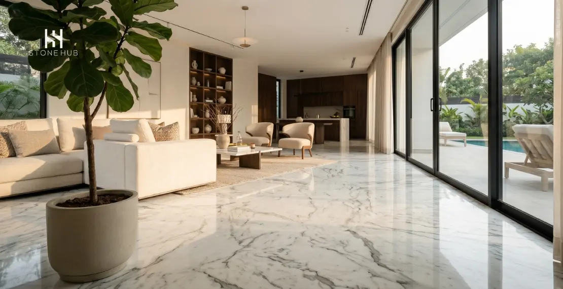 Modern bookmatched marble flooring design in a luxury villa