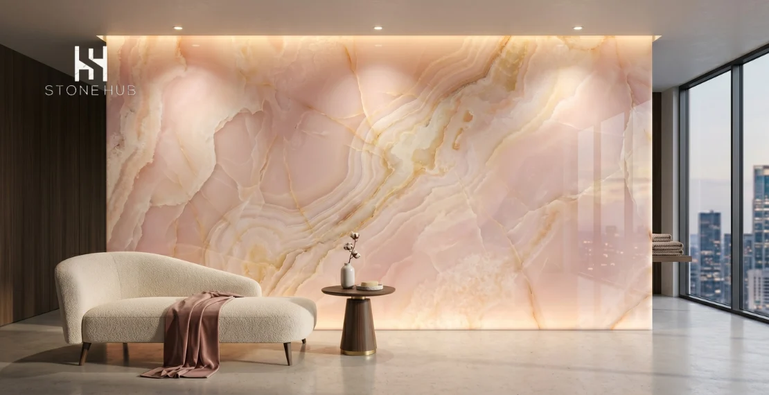 Pink onyx marble wall design in a luxury bathroom interior