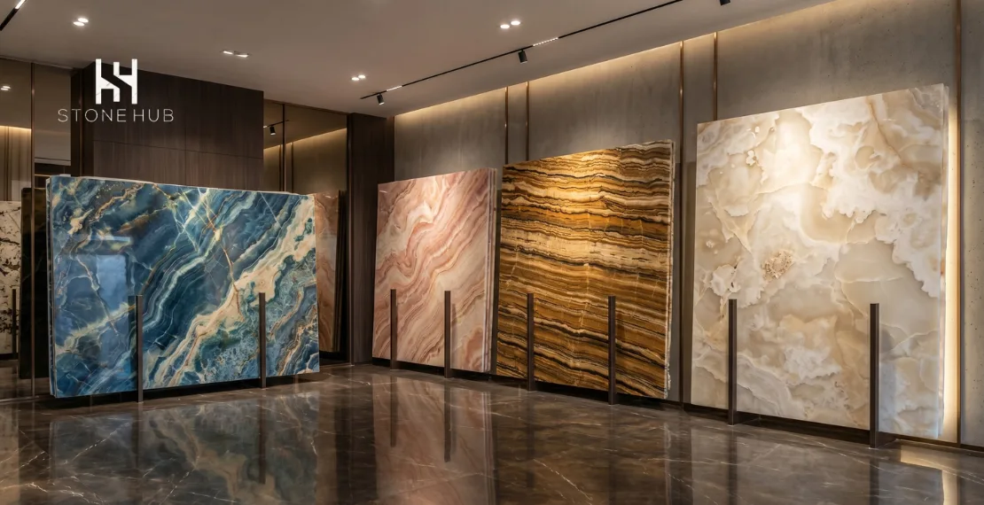 Premium onyx marble slabs displayed in a luxury marble showroom