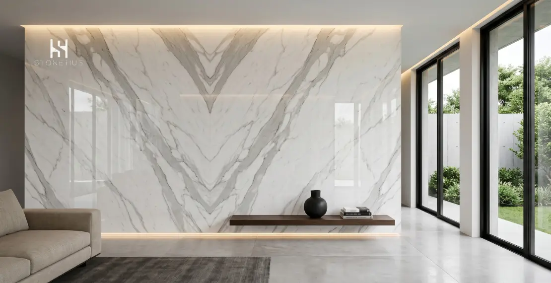 Bookmatched Statuario marble feature wall in a luxury modern interior
