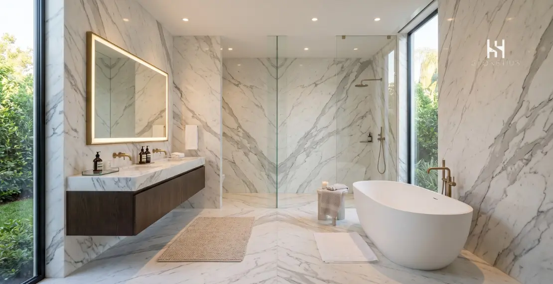 Luxury bathroom interior featuring Italian Statuario marble walls and flooring