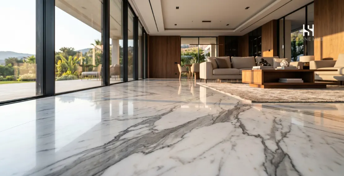 Luxury living room with Italian Statuario marble flooring