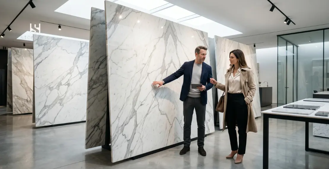 Luxury marble showroom with premium Italian Statuario marble slabs on display