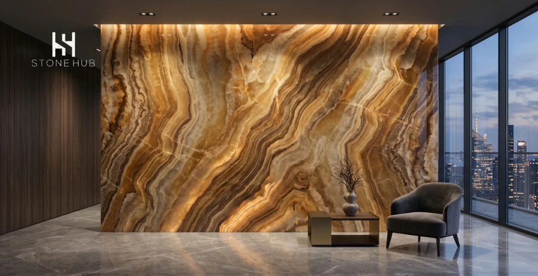 Tiger onyx marble statement wall with golden and amber mineral patterns